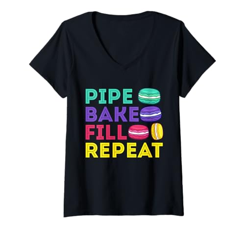 Damen Buntes Macaron-Back-Design T-Shirt mit V-Ausschnitt Damen Buntes Macaron-Back-Design T-Shirt mit V-Ausschnitt von Sweet Baking Vibes