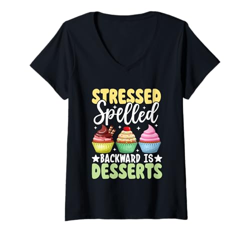 Damen Stressed Dinkel rückwärts ist Desserts T-Shirt mit V-Ausschnitt Damen Stressed Dinkel rückwärts ist Desserts T-Shirt mit V-Ausschnitt von Sweet Cupcake Humor Stress Relief