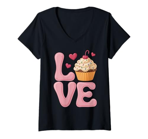Damen Niedliches Cupcake-Liebes-Valentinstag-Herz-Geschenk-T-Shirt T-Shirt mit V-Ausschnitt von Sweet Cupcake Lover Heart Bakery Foodie Tee