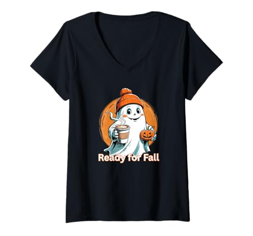 Damen Ready for Fall Ghost Spice Latte Pumpkin Mütze Halloween T-Shirt mit V-Ausschnitt Damen Ready for Fall Ghost Spice Latte Pumpkin Mütze Halloween T-Shirt mit V-Ausschnitt von Sweet Cute Ghostly Apparition Necessities CLR