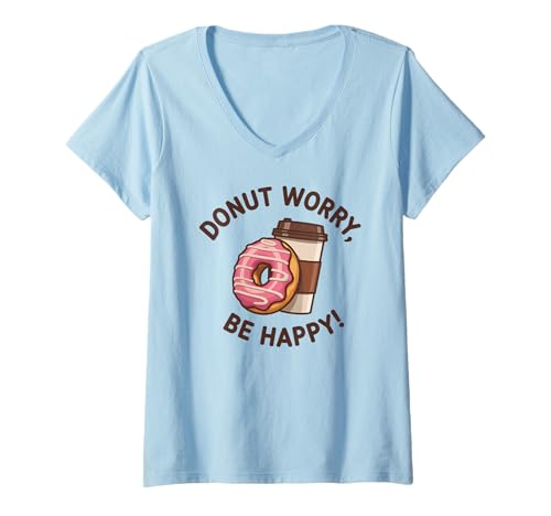 Damen Donut Worry Be Happy Coffee Donut Zitat Lustiges Retro Essen T-Shirt mit V-Ausschnitt Damen Donut Worry Be Happy Coffee Donut Zitat Lustiges Retro Essen T-Shirt mit V-Ausschnitt von Sweet Donut Retro Pastry Humor Food Pun Graphics