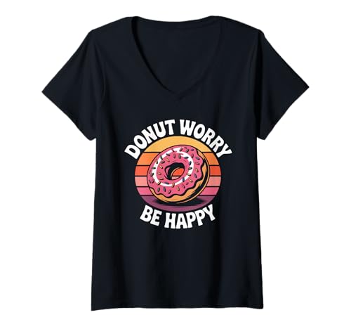 Damen Retro Donut Worry Be Happy Funny Gebäck Dessert Streusel T-Shirt mit V-Ausschnitt Damen Retro Donut Worry Be Happy Funny Gebäck Dessert Streusel T-Shirt mit V-Ausschnitt von Sweet Donut Retro Pastry Humor Food Pun Graphics