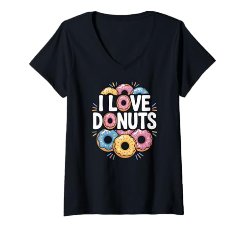 Damen I Love Donuts Colorful Streinkle Treats T-Shirt mit V-Ausschnitt Damen I Love Donuts Colorful Streinkle Treats T-Shirt mit V-Ausschnitt von Sweet Enthusiasts Donut Lovers Delight