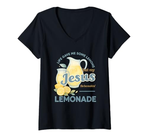 Damen Life Gave Me Lemons But My Jesus Makes Lemonade Watercolor T-Shirt mit V-Ausschnitt Damen Life Gave Me Lemons But My Jesus Makes Lemonade Watercolor T-Shirt mit V-Ausschnitt von Sweet Faith Lemonade Co.