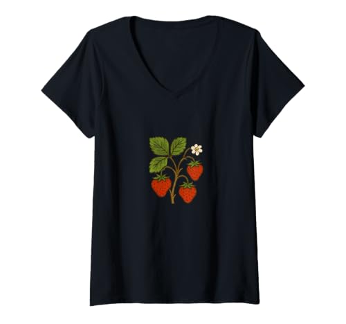 Damen Retro Erdbeeren Vintage Obst Sommer Beeren Muster T-Shirt mit V-Ausschnitt Damen Retro Erdbeeren Vintage Obst Sommer Beeren Muster T-Shirt mit V-Ausschnitt von Sweet Harvest Sun Design