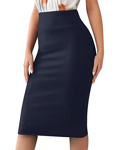Sweet Hearts Basic Damen-Bleistiftrock, dehnbar - Reguläre Passform und Übergröße, Midi, körperbetonend, Nylonrock hergestellt in den USA, Marineblau, Klein von Sweet Hearts