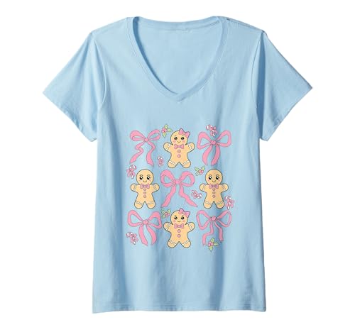 Damen Lebkuchen-Keks-Kokette Schleife Backen Weihnachten Zuckerstange T-Shirt mit V-Ausschnitt Damen Lebkuchen-Keks-Kokette Schleife Backen Weihnachten Zuckerstange T-Shirt mit V-Ausschnitt von Sweet Holiday Coquette