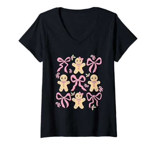 Damen Lebkuchen-Keks-Kokette Schleife Backen Weihnachten Zuckerstange T-Shirt mit V-Ausschnitt Damen Lebkuchen-Keks-Kokette Schleife Backen Weihnachten Zuckerstange T-Shirt mit V-Ausschnitt von Sweet Holiday Coquette