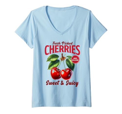Damen Cherry Farmer's Market Frisch gepflückte Kirschen Cherry Lover T-Shirt mit V-Ausschnitt von Sweet Juicy Farm Red Cherries Tee