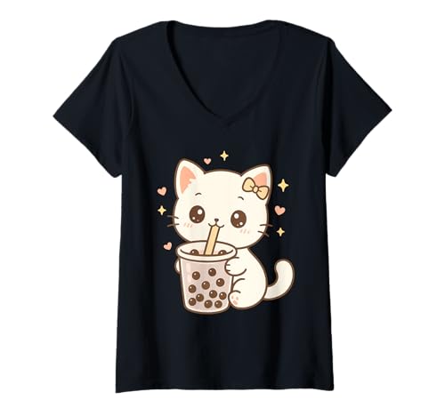 Damen Kawaii Katze Boba Süß Japanisch Ästhetik T-Shirt mit V-Ausschnitt Damen Kawaii Katze Boba Süß Japanisch Ästhetik T-Shirt mit V-Ausschnitt von Sweet Kawaii Bubble Tea Dreams