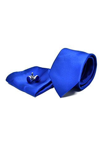 Krawatte Set mit Blaue Satin Krawatte, Einstecktuch und Manschettenknöpfe für Herren - 100% Seide - Klassisch, Elegant und Modern - (Geschenk, ideal für Männer zum Geburtstag, eine Hochzeit) von Sweet Leaf