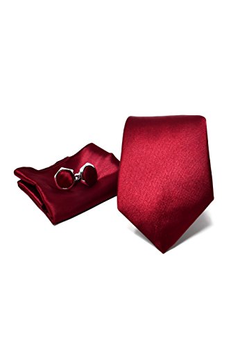 Krawatte Set mit Burgunder Rot Krawatte, Einstecktuch und Manschettenknöpfe für Herren - 100% Seide - Klassisch, Elegant und Modern - (Geschenk, ideal für Männer zum Geburtstag, eine Hochzeit) von Sweet Leaf