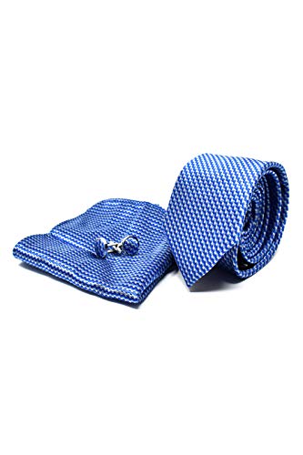 Krawatte Set mit Gestreifte Blaue Krawatte, Einstecktuch und Manschettenknöpfe für Herren - 100% Seide - Klassisch, Elegant und Modern - (Geschenk, ideal für Männer zum Geburtstag, eine Hochzeit) von Sweet Leaf