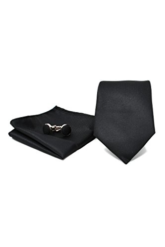 Sweet Leaf Krawatte Set mit Schwarz Krawatte, Einstecktuch und Manschettenknöpfe für Herren - 100% Seide - Klassisch, Elegant und Modern - (Geschenk, ideal für Männer zum Geburtstag, eine Hochzeit) von Sweet Leaf