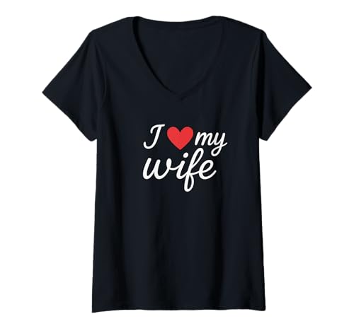 Damen "I Heart My Wife" süßes rotes Herz kursives romantisches Design T-Shirt mit V-Ausschnitt von Sweet Love Heart Wife Appreciation