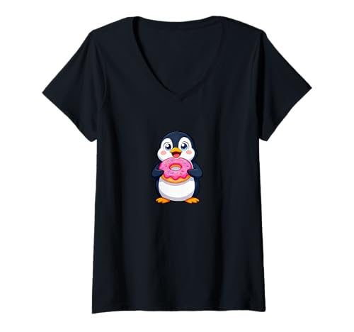 Damen Niedlicher Pinguin mit Donut-Dessert, Cartoon-Spaß T-Shirt mit V-Ausschnitt von Sweet Penguin Desserts Cartoon Treats