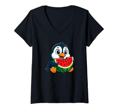 Damen Niedlicher Pinguin, der Wassermelone isst, Cartoon-Spaß T-Shirt mit V-Ausschnitt Damen Niedlicher Pinguin, der Wassermelone isst, Cartoon-Spaß T-Shirt mit V-Ausschnitt von Sweet Penguin Fruit Cartoon Designs