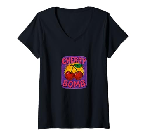 Damen Cherry Bomb Rockabilly Pinup, Retro-Stil, Kirschen, Fruchtliebhaber T-Shirt mit V-Ausschnitt von Sweet Rebel Design Arts