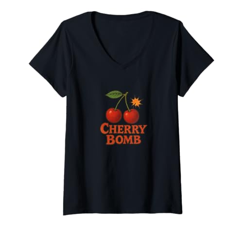 Damen Cherry Bomb Rockabilly Pinup, Retro-Stil, Kirschen, Fruchtliebhaber T-Shirt mit V-Ausschnitt Damen Cherry Bomb Rockabilly Pinup, Retro-Stil, Kirschen, Fruchtliebhaber T-Shirt mit V-Ausschnitt von Sweet Rebel Design