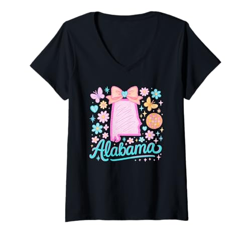 Damen Alabama State Preppy Coquette Schleife und Florale Ästhetik T-Shirt mit V-Ausschnitt Damen Alabama State Preppy Coquette Schleife und Florale Ästhetik T-Shirt mit V-Ausschnitt von Sweet Southern Coquette Designs