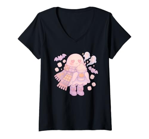Damen Pastell Kawaii Ghost mit heißem Kakao und Marshmallows T-Shirt mit V-Ausschnitt Damen Pastell Kawaii Ghost mit heißem Kakao und Marshmallows T-Shirt mit V-Ausschnitt von Sweet Spooky Co.