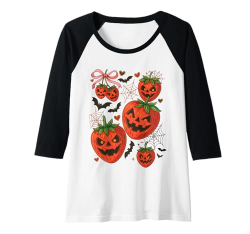 Damen Niedliche Halloween-Erdbeer-Jack-O'-Lantern Gesichter Frauen Mädchen Raglan von Sweet Spooky Halloween Strawberry Costume Tees