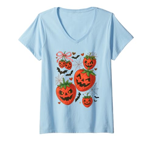 Damen Niedliche Halloween-Erdbeer-Jack-O'-Lantern Gesichter Frauen Mädchen T-Shirt mit V-Ausschnitt von Sweet Spooky Halloween Strawberry Costume Tees