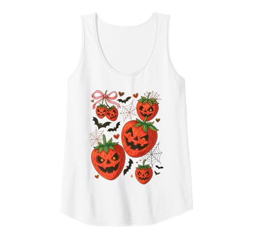 Damen Niedliche Halloween-Erdbeer-Jack-O'-Lantern Gesichter Frauen Mädchen Tank Top von Sweet Spooky Halloween Strawberry Costume Tees