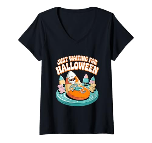 Damen Just Waiting for Halloween Skelett Funny Candy Halloween T-Shirt mit V-Ausschnitt Damen Just Waiting for Halloween Skelett Funny Candy Halloween T-Shirt mit V-Ausschnitt von Sweet Spooky Vibes Apparel