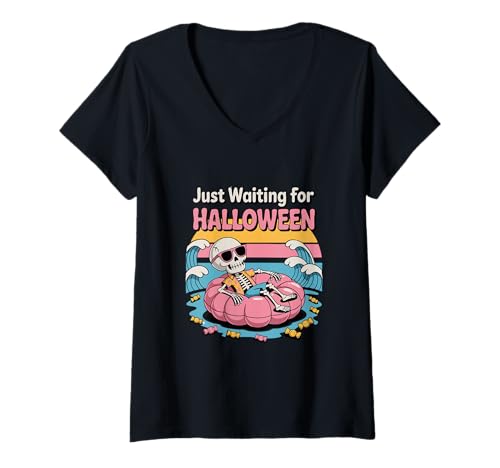 Damen Just Waiting for Halloween Skelett Funny Candy Halloween T-Shirt mit V-Ausschnitt Damen Just Waiting for Halloween Skelett Funny Candy Halloween T-Shirt mit V-Ausschnitt von Sweet Spooky Vibes Apparel