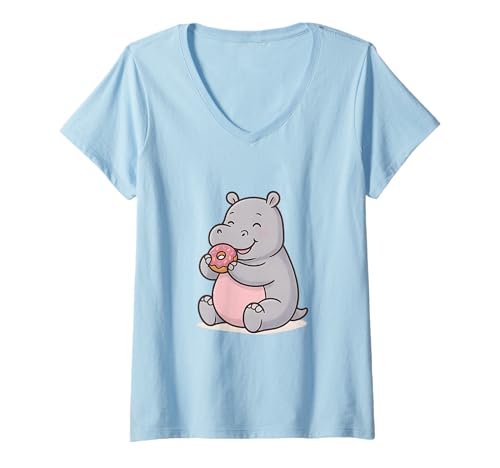 Damen Süßes Nilpferd isst Donut Kawaii Food Art T-Shirt mit V-Ausschnitt von Sweet Tooth Animal Lovers Hippo Humor Co