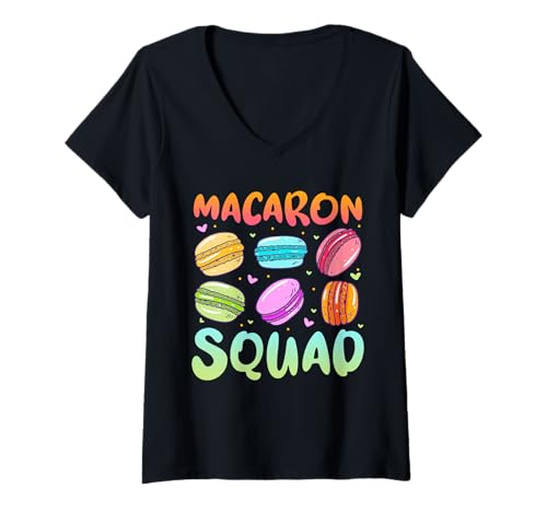 Damen Buntes Macaron Squad Design T-Shirt mit V-Ausschnitt von Sweet Treat Designs