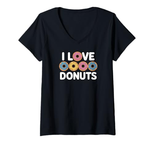 Damen I Love Donuts lustiges buntes Gebäck-Design T-Shirt mit V-Ausschnitt von Sweet Treats Pastry Lovers Delight
