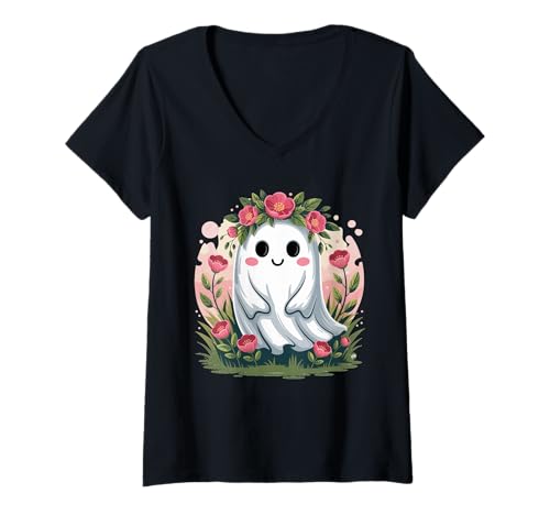 Damen Entzückender Geist mit Blumen T-Shirt mit V-Ausschnitt Damen Entzückender Geist mit Blumen T-Shirt mit V-Ausschnitt von Sweet and spooky Halloween apparel