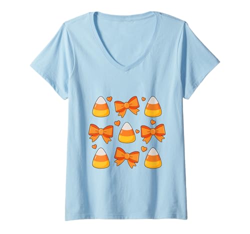 Damen Candy Corn Coquette Bow Halloween, niedlich, gruselig, Jahreszeit Herbst T-Shirt mit V-Ausschnitt von Sweet & Spooky Coquette