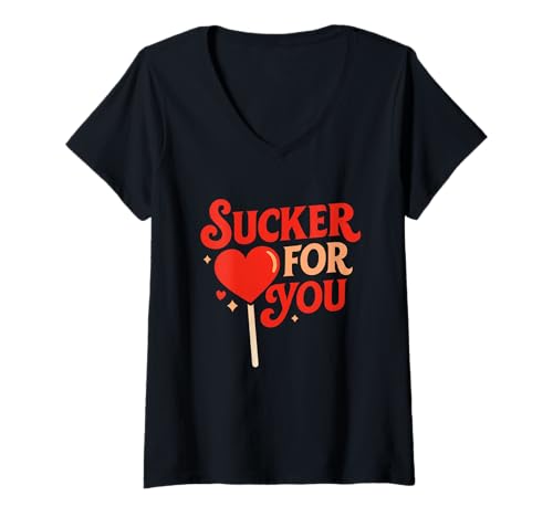 Damen Sucker for You Süßes Herz Lutscher Valentine Design T-Shirt mit V-Ausschnitt Damen Sucker for You Süßes Herz Lutscher Valentine Design T-Shirt mit V-Ausschnitt von SweetCharm Co.
