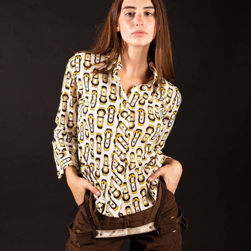 70Er Jahre Gürtel Print Vintage Bluse | Xs Büste 40 Vtg von SweetDahliaVintage