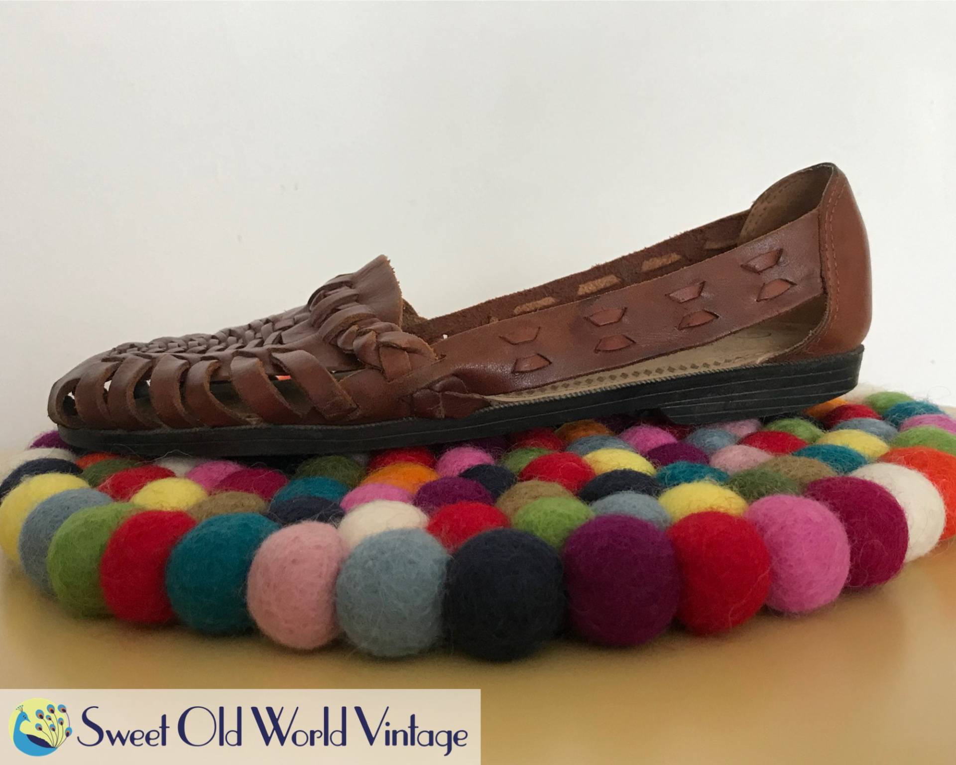 Vintage 80S Tan Brown Huaraches Us Size 7 | Die Ledersammlung Woven Leder Frauen Sandalen Retro, 80Er Schuhe Exzellente Kondition von SweetOldWorldVintage