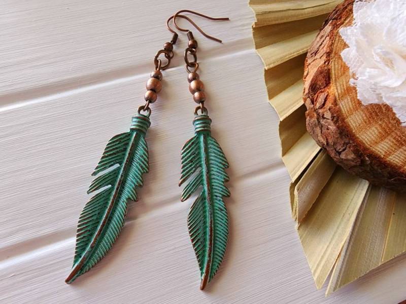 Patina Blatt Baumeln Ohrringe, Lange Schmuck, Herbst Naturliebhaber Boho Ohrringe von SweetPeaNPosh