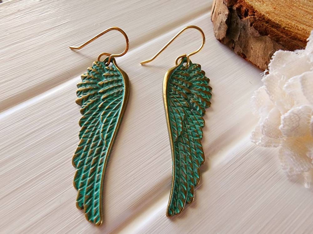 Patina Engelsflügel Ohrringe, Baumeln Lange Messingflügel Schmuck Patina Engelsflügel Ohrringe, Baumeln Lange Messingflügel Schmuck von SweetPeaNPosh