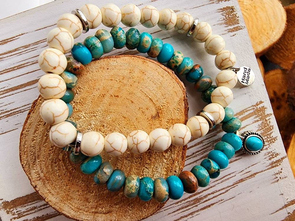 Türkis-stretcharmband, Türkis-Silber-Armband, Türkis-Bettelarmband, Perlen-stretcharmband, Boho-stretcharmband von SweetPeaNPosh