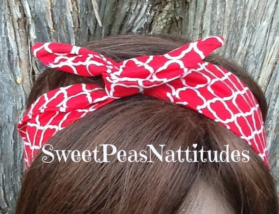 Draht-stirnband Verdrahtet Dolly Bogen Royal Red & White Print Rockabilly Hasenohren Schal - Halstuch von SweetPeasNattitudes
