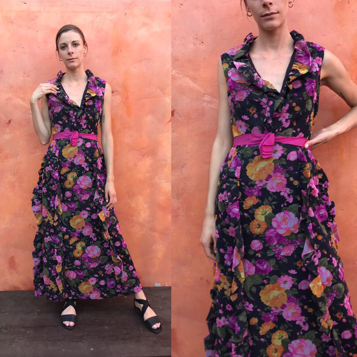 Vintage 1960Er 1970Er Jahre Maxi Kleid. Schwarz Blumen Rüschen Couture Designer Partykleid Cocktailkleid Kleid Maxikleid Mittlere Größe 8 10 Hostess von SweetPickinsShop