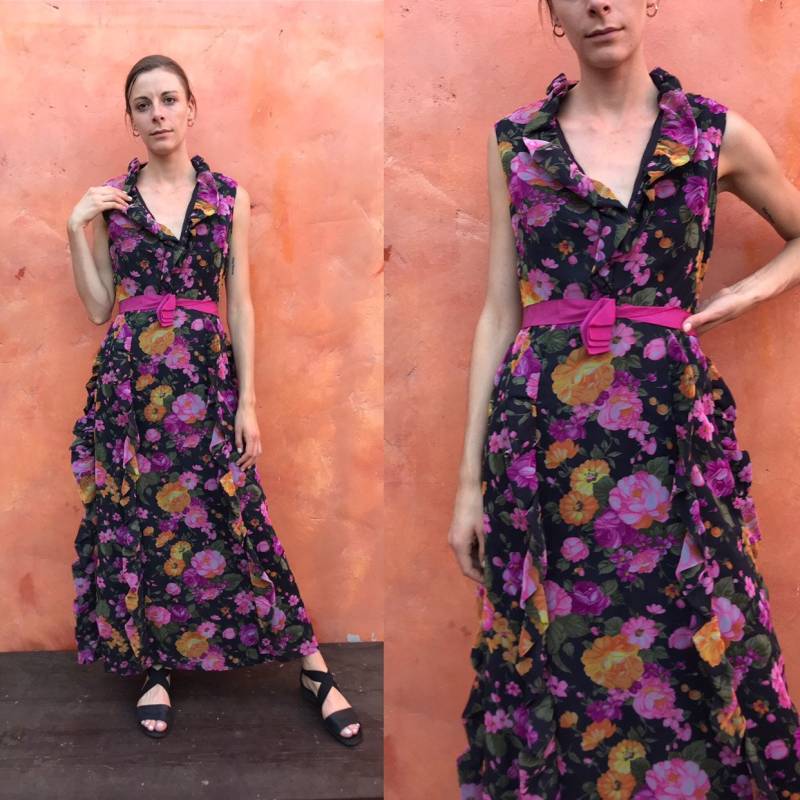 Vintage 1960Er 1970Er Jahre Maxi Kleid. Schwarz Blumen Rüschen Couture Designer Partykleid Cocktailkleid Kleid Maxikleid Mittlere Größe 8 10 Hostess von SweetPickinsShop