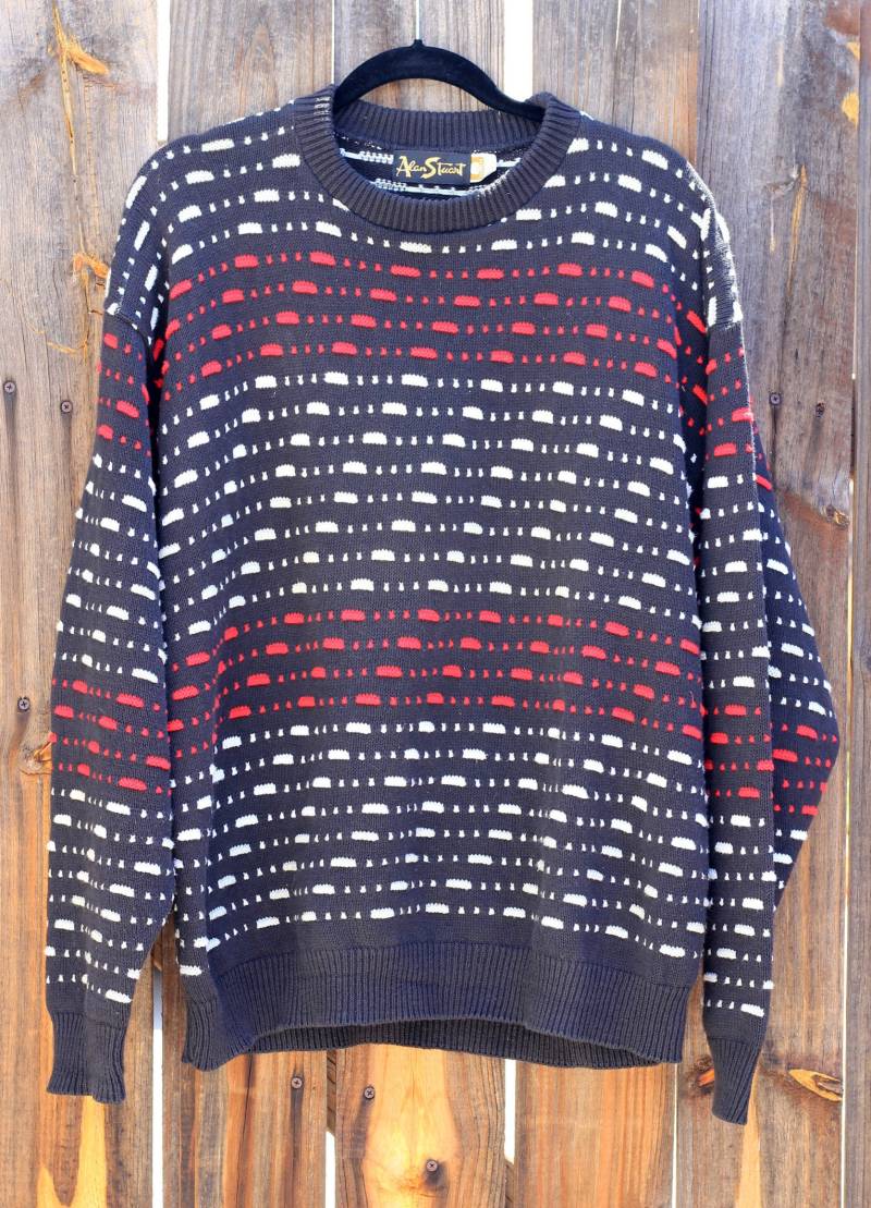 Vintage 1990Er Jahren Alan Stuart Mens Rot Weiß Und Schwarz Strickpullover von SweetTeeAndThread