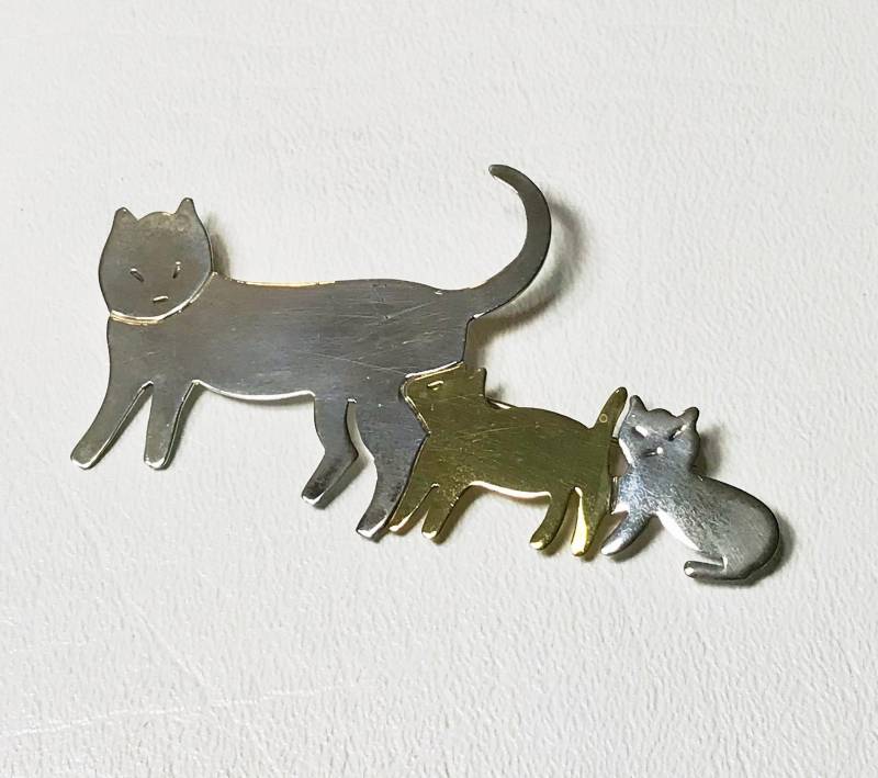 Katze Und Kätzchen, Laton Sterling Silber Brosche Aus Mexiko, Signiert von SweetWrensVintage