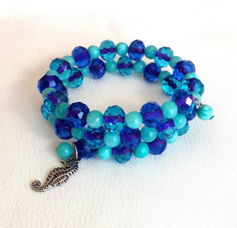 Lila, Blau Und Aqua Armband, Glasperlen Memory Wire Wrap Strand Schmuck, Meer Leben Schmuck Lila, Blau Und Aqua Armband, Glasperlen Memory Wire Wrap Strand Schmuck, Meer Leben Schmuck von SweetbeadsbySejal