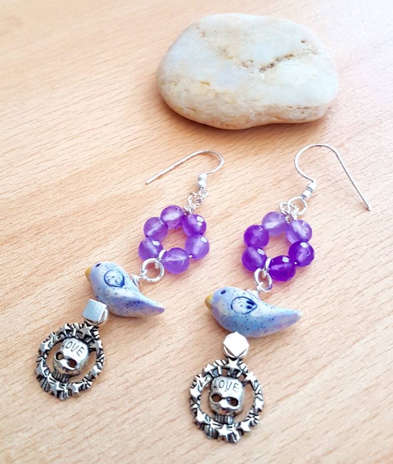 Amethyst Vogel Ohrringe Polymer Clay, Silber Liebe Charm von SweetgemsDesign
