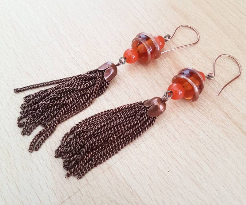 Lampwork Glas Quaste Ohrringe Orange Perle Antik Kupfer Baumeln von SweetgemsDesign