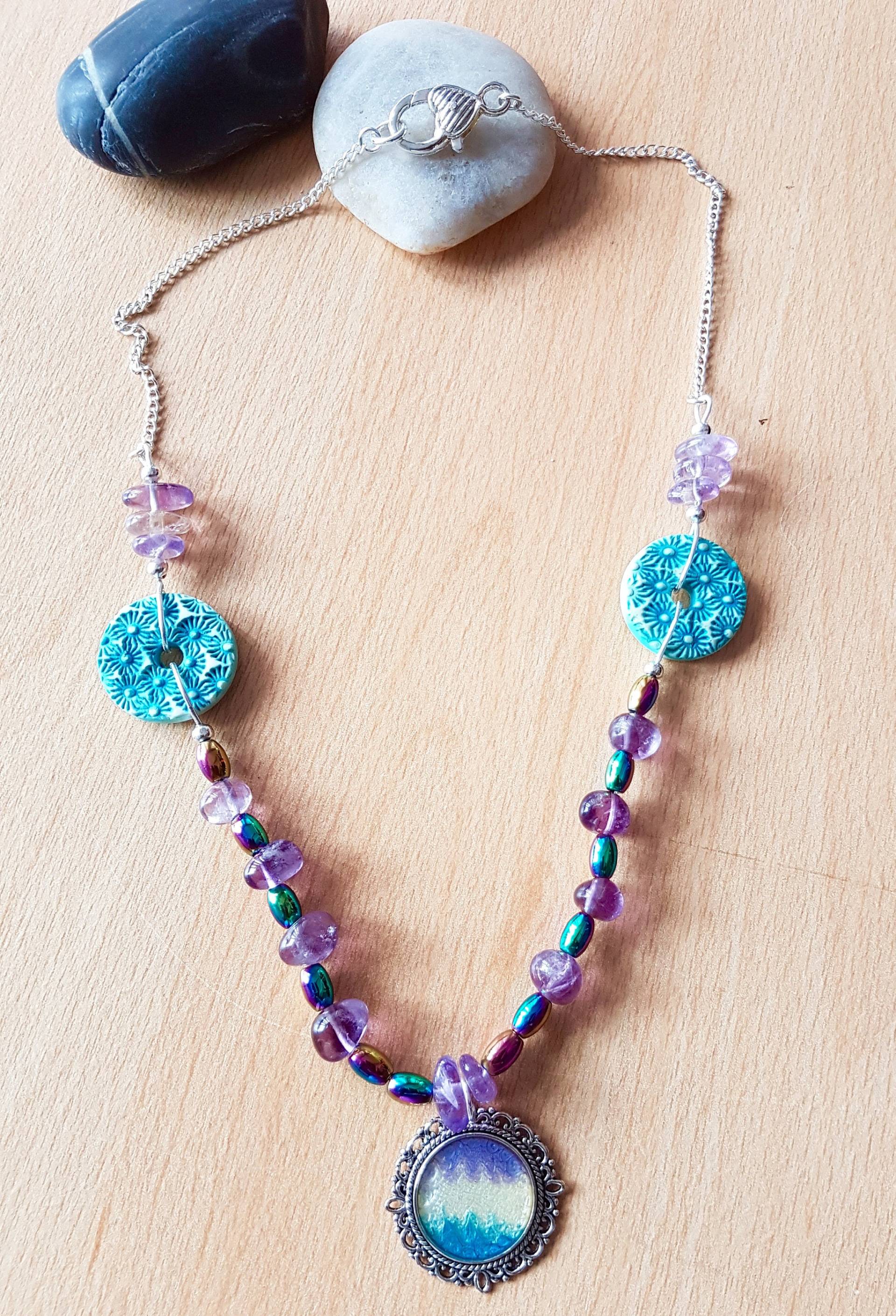 Handgemachte Amethyst & Regenbogen Hämatit Halskette Mit Polymer Clay von SweetgemsDesign